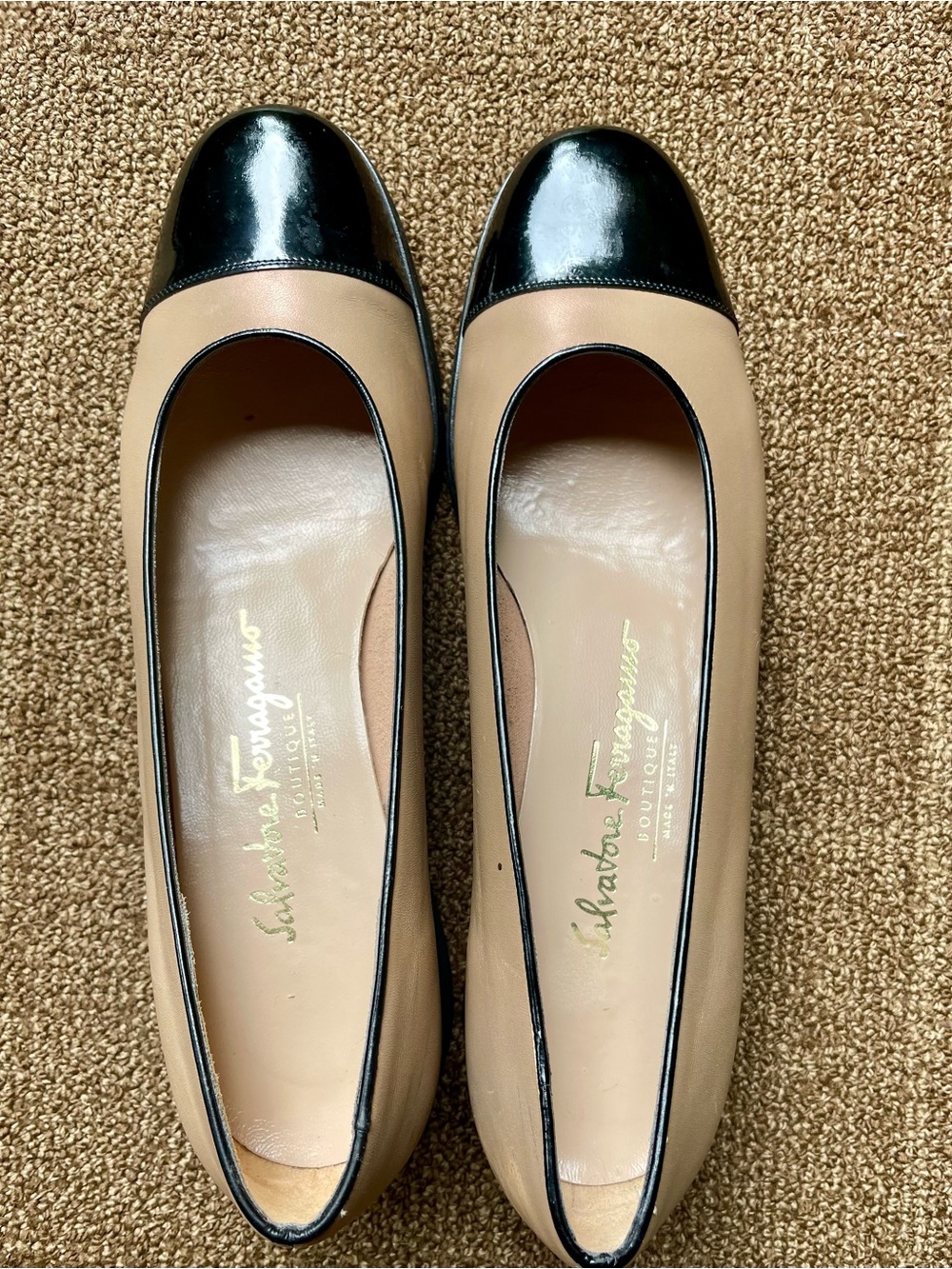 Salvatore Ferragamo Two-Tone Beige and Black Leather Wedge Loafers